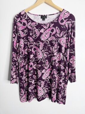 NWT J. Jill Wearever Ballet Sleeves Crew Neck Top Purple Paisley Print XL Flowy
